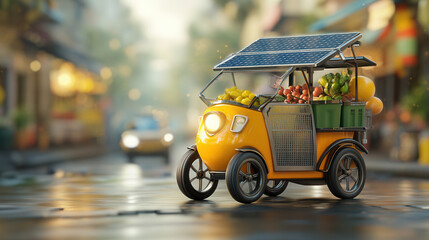 Naklejka premium vibrant electric rickshaw filled with fresh fruits and vegetables is parked on bustling street, showcasing lively market atmosphere. colorful vehicle, equipped with solar panels, adds modern touch to