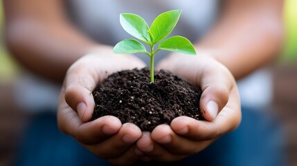 Close up image showcasing gentle human hands carefully holding and supporting the growth of a thriving young plant emerging from rich fertile soil symbolizing the concepts of sustainability