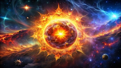 Fototapeta premium Hell Star: A Brilliant Cosmic Illustration of a Fiery Celestial Body in a Vivid, Fantastical Space Scene