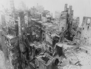 A city in ruins, with buildings in various stages of destruction