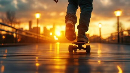 Obraz premium rider on electric skateboard glides effortlessly down boardwalk at sunset, surrounded by glowing streetlights and vibrant skyline. scene captures sense of freedom and adventure