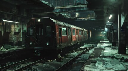 Obraz premium A red subway train is parked in a dark, dirty station