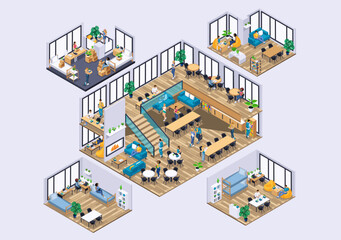 Isometric Kit of Rooms in a Student Dormitory. Large Hall with Seating and a Kitchen. Cozy Bedrooms. Characters, Personage