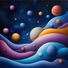 Fototapeta premium vibrant space design featuring colorful planets and swirling cosmic waves, creating mesmerizing galaxy scene that evokes sense of wonder and exploration