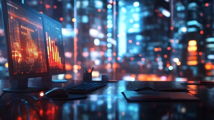 Modern desk with computer screens displaying data graphs.