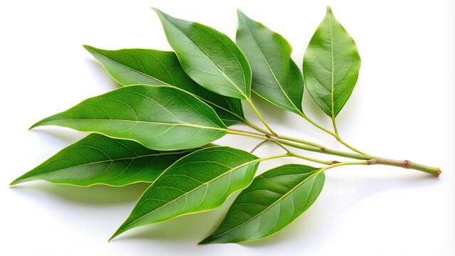 Branch of camphor tree with green leaves isolated on white background, clipping path included