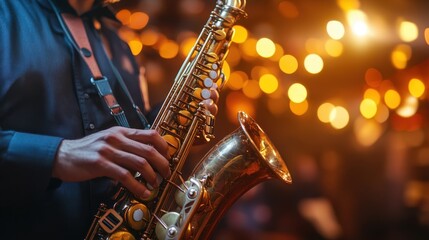 Obraz premium Saxophonist Performing Solo in Warm Spotlight