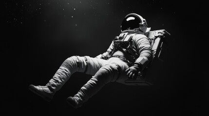 Astronaut floating in space with high contrast, cinematic black and white background.