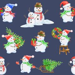 Cute winter season snowman seamless pattern. Hand drawn vintage style illustration. Funny snowman in different poses on dark background. Winter time festive decoration seamless pattern element