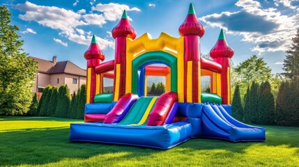 Inflatable Castle with Rainbow Archway in Colorful Garden Scene on a Sunny Day