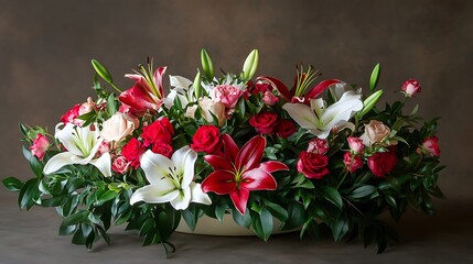 Stunning floral arrangement featuring lilies and roses, set on a clean background, perfect for commercial use.