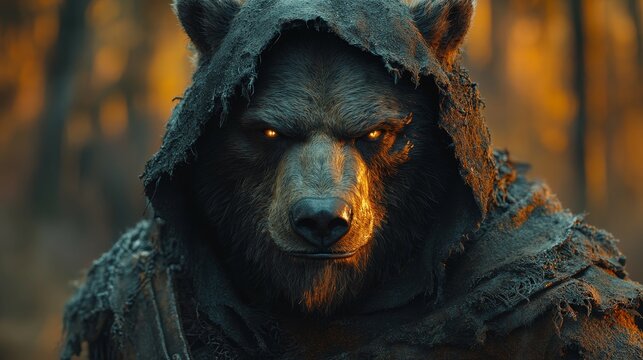 Cinematic portrait of semi-skeletal undead bear in Eastern Plaguelands forest with brown fog.