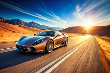 High-Speed Sport Car Driving Through Desert Landscape on Summer Road Trip