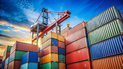 Fototapeta premium High Stacked Shipping Containers at a Busy Port with Crane in Background - Minimalist Photography