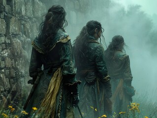 Three Women in Foggy Ruins: A Mysterious Fantasy Scene