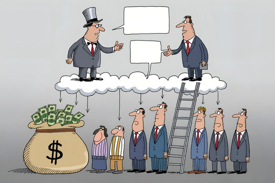 The Money Ladder: A satirical illustration showcasing the disparity in wealth distribution, where a privileged few at the top control the flow of money.