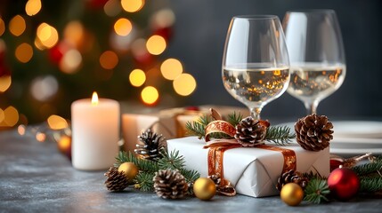Elegant and festive table setting with lit candles pinecones and holiday themed dinnerware for a cozy and celebratory Christmas meal