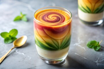 Rainbow layered smoothie with mint garnish in glass