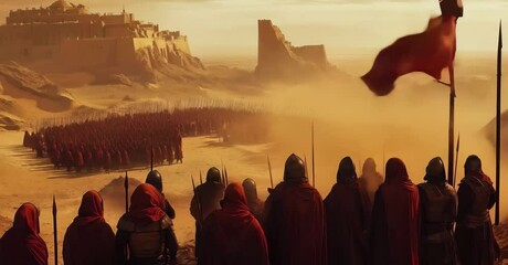 Medieval warriors in full body metal armor, knights or soldiers with swords spears and shields, standing ready for battle on a historical battlefield