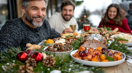 A large family coming together around a table sharing a hearty meal and exchanging laughter and joy during the winter holiday season  The scene captures the togetherness tradition