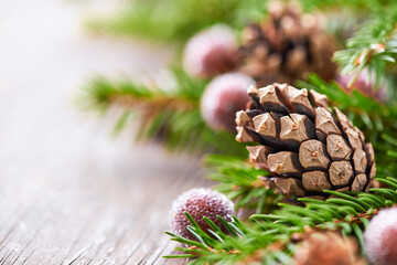 Christmas decoration on rustic wooden background. Close up.	