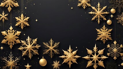 digital design abstract illustration with a festive theme, featuring a black background adorned with golden snowflakes and sparkling stars