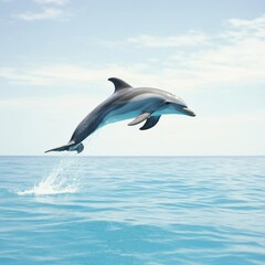 Fototapeta premium A dolphin leaps majestically from the blue ocean waters, highlighting its grace and playful nature under a clear sky.