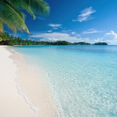 Fototapeta premium A serene beach with crystal clear water, soft white sand, and lush palm trees under a bright blue sky.
