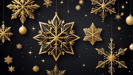 digital design abstract illustration with a festive theme, featuring a black background adorned with golden snowflakes and sparkling stars