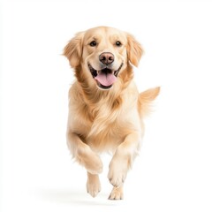 A playful golden retriever running happily with a joyful expression, symbolizing love and companionship.