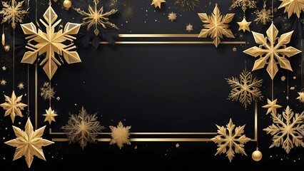 digital design abstract illustration with a festive theme, featuring a black background adorned with golden snowflakes and sparkling stars