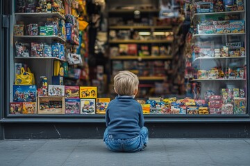 Naklejka premium Back view of a child sitting in front of a toy store