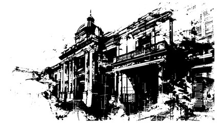 Distressed sketch of building with dust on isolated background, The Fascinating World of Abstract Architectural Drawings.