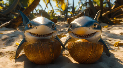 Two shark figures on the beach with coconuts.