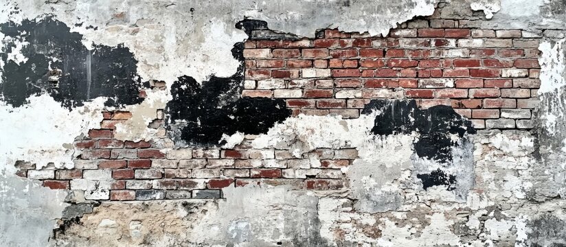 Fototapeta Close-up of weathered brick wall with chipped paint, crumbling bricks of varying colors and sizes, rough texture.