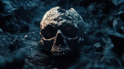 Dark and Macabre 3D Render of Highly Detailed Skull in Dramatic Lighting Setting with Deep Shadows