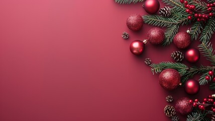 Red Christmas Ornaments and Pine Branches on Burgundy Background