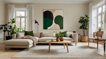 A Minimalist Scandinavian Living Room Featuring Light Wood Floors, a Cozy Neutral Sofa, and Simple Décor, Enhanced by Brightness and Airiness, Houseplants Adding Greenery, and a Large Abstract Paintin