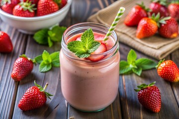 Refreshing strawberry smoothie in jar with mint leaves and strawberries