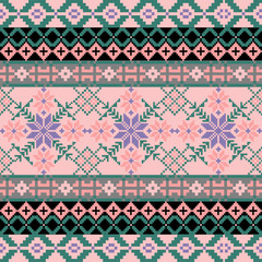 Art Abstract with Floral Pixel Designs. Traditional Cross Stitch needlework. Geometric Ethnic Pattern, Embroidery, Textile Ornamental, Fabric, Hand Stitch Pattern, Cultural Stitching Pixel Art