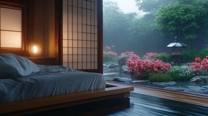 Modern Japanese bedroom with garden view, blending comfort with nature in dark, impending rain ambiance.