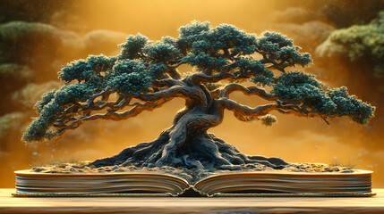 Bonsai tree resting on an open book