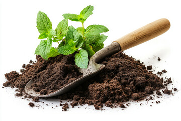 Garden Spade with Fresh Mint Plant on Soil