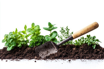 Garden Spade with Fresh Herbs and Soil Background