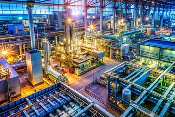 Fototapeta premium Industrial Facility Double Exposure with Diverse Manufacturing Operations in Linear Style