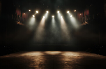 Theatrical Stage with Dim Lighting and Bright Spotlights, Setting the Scene for Mystery