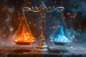 A symbolic balance scale with one side holding fiery flames and the other icy blue crystals, representing the contrast between fire and ice