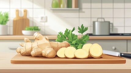 Illustration of Fresh Ginger and Herbs on Kitchen Counter With Sunlight
