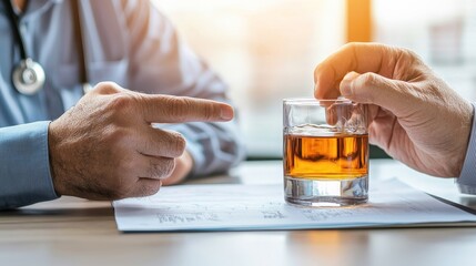 A doctor pointing to warning signs of alcohol addiction on a chart during a consultation, emphasizing the importance of early recognition