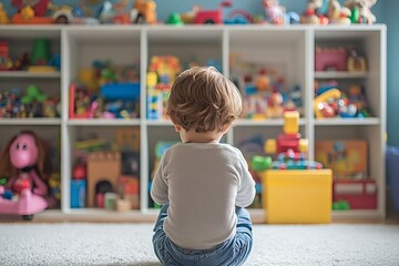 Back view of a child sitting in front of a toy shelf